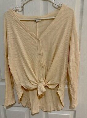 Z SUPPLY Beige Knit Tie Front Button Long Sleeve V-Neck Blouse Size M